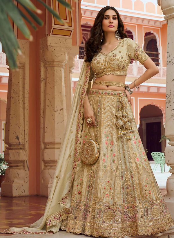 Champagne Gold Banarasi Silk Lehenga with beautiful Swarovski and zari work for wedding & festive wear | BharatPlaza
