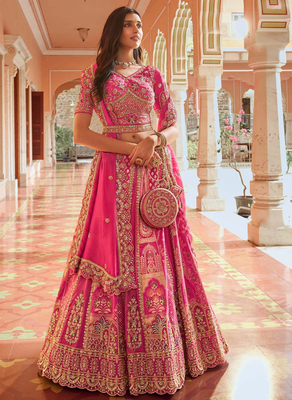 Rani Pink Banarasi Silk Designer Lehenga highlighting detailed blouse embroidery for wedding & festive wear | BharatPlaza