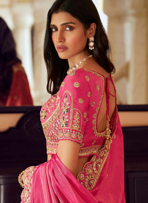 Rani Pink Banarasi Silk Designer Lehenga showcasing exquisite back blouse design for wedding & festive wear | BharatPlaza