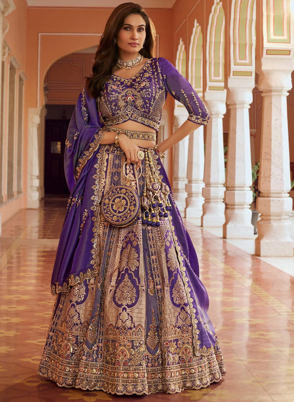 Royal Purple Banarasi Silk Designer Lehenga highlighting beautiful tassel and belt for wedding & festive wear | BharatPlaza