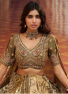 Olive Green Banarasi Silk Designer Lehenga showing beautiful blouse embroidery for wedding & festive wear | BharatPlaza