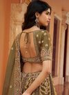 Olive Green Banarasi Silk Designer Lehenga showing beautiful blouse embroidery for wedding & festive wear | BharatPlaza