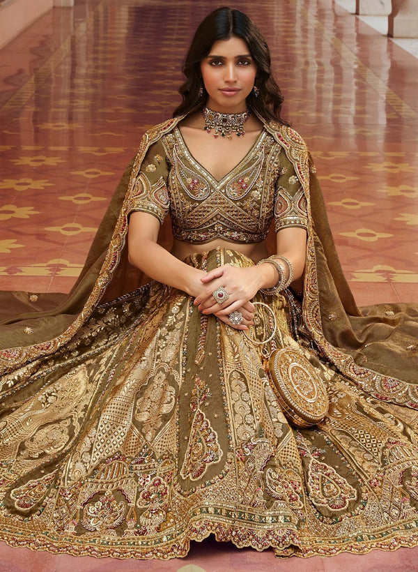 Olive Green Banarasi Silk Designer Lehenga showing beautiful blouse embroidery for wedding & festive wear | BharatPlaza