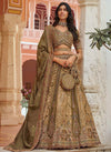 Olive Green Banarasi Silk Designer Lehenga featuring a matching clutch and belt for wedding & festive wear | BharatPlaza