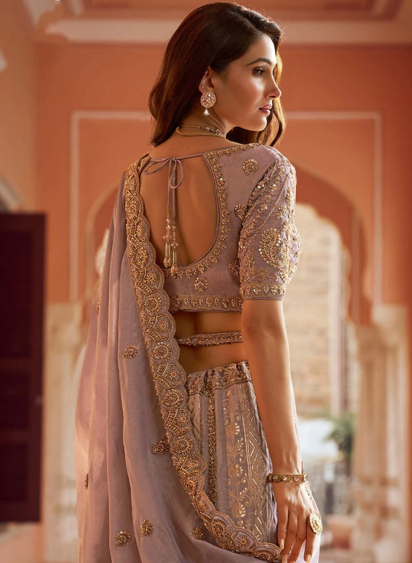 Lavender Banarasi Silk Designer Lehenga showcasing an elegant back blouse design for festive wedding wear | BharatPlaza