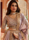 Lavender Banarasi Silk Designer Lehenga highlighting intricate Swarovski and zari work for festive wear | BharatPlaza