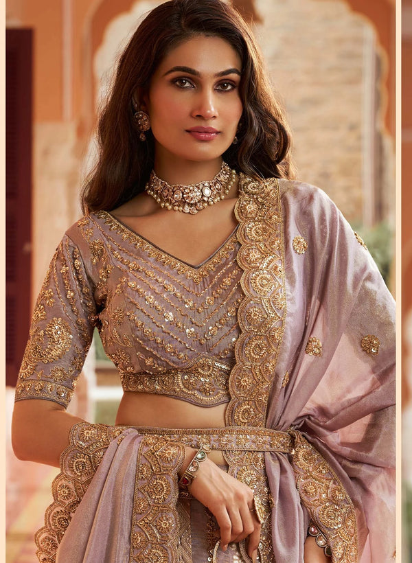 Lavender Banarasi Silk Designer Lehenga highlighting intricate Swarovski and zari work for festive wear | BharatPlaza