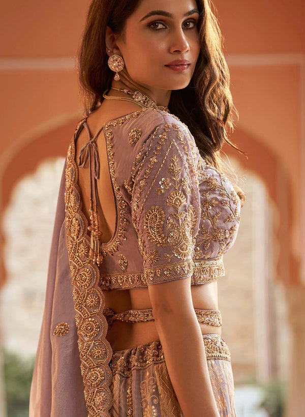 Lavender Banarasi Silk Designer Lehenga showcasing exquisite heavy embroidery on the blouse for weddings | BharatPlaza