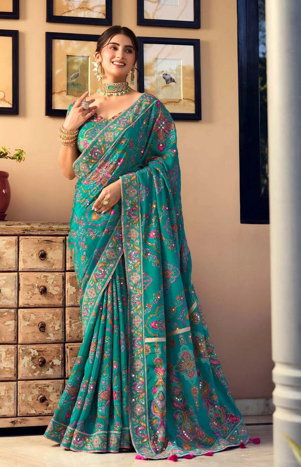 Emerald Green Floral Sequin Premium HO Designer Saree with dazzling beautiful motifs for wedding wear | BharatPlaza