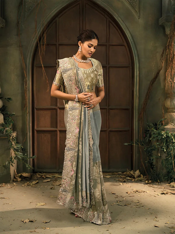 Designer Grey Silk Saree with Cutdana Moti Embroidery Live Original Product Image Toronto Wedding Guest Look