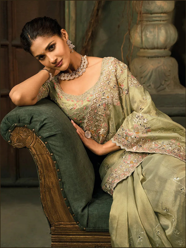 Mehandi Green Kanjipuram Silk Saree with Mirror Work Live Original Reception Wear Newyork