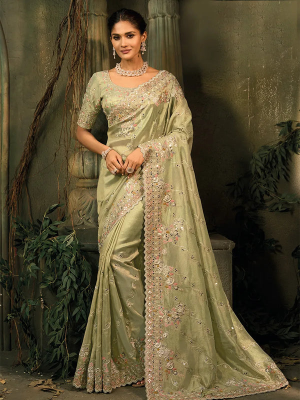 Designer Mehandi Saree with Cutdana Moti Embroidery Live Original Wedding Guest Calgary, Alberta