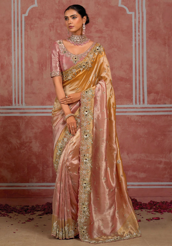 Golden Pink Pure Ziraf Silk Saree showcasing elegant shaded tones and zari work for festive wear | BharatPlaza