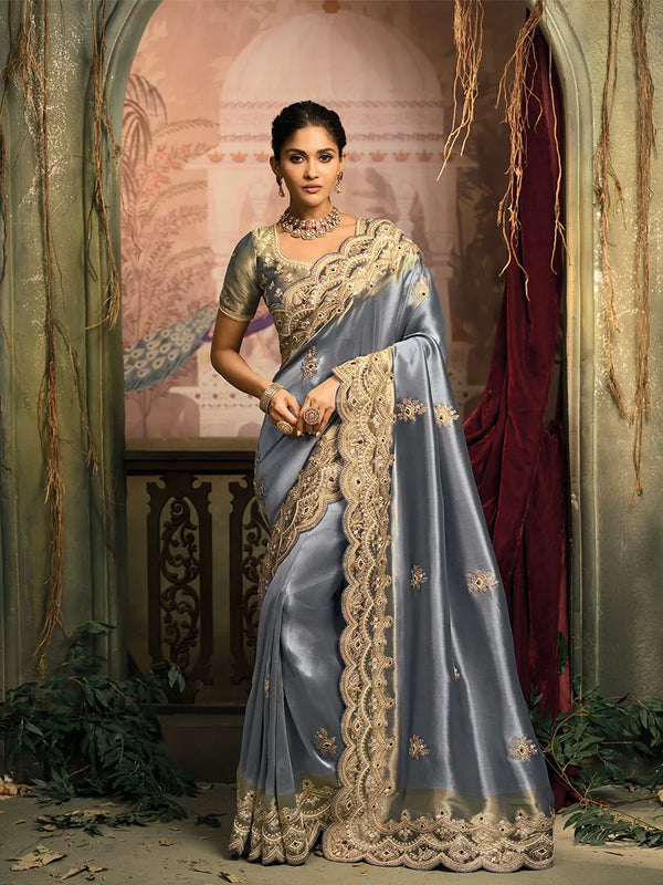Designer Blue Saree with Jari Moti Embroidery: Wedding Guest Look Live, Original, Edison, NJ