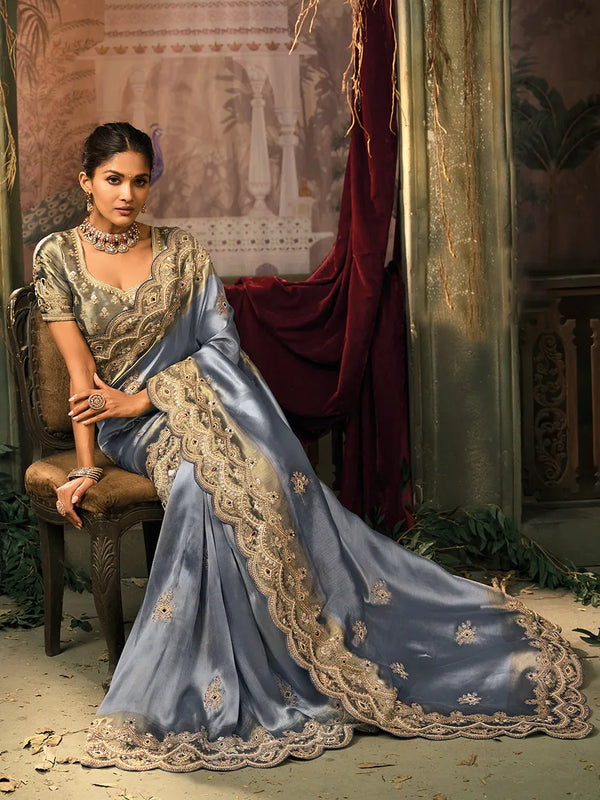 Luxury Blue Silk Saree with Heavy Border and Emerald Work Live Original Melbourne