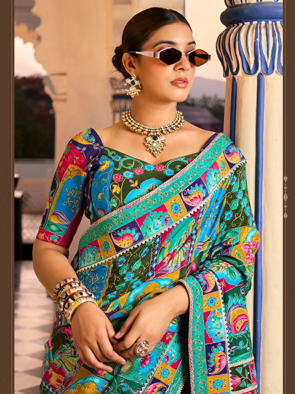 Multicolor Premium HO Designer Saree highlighting rich intricate borders for wedding & festive wear | BharatPlaza