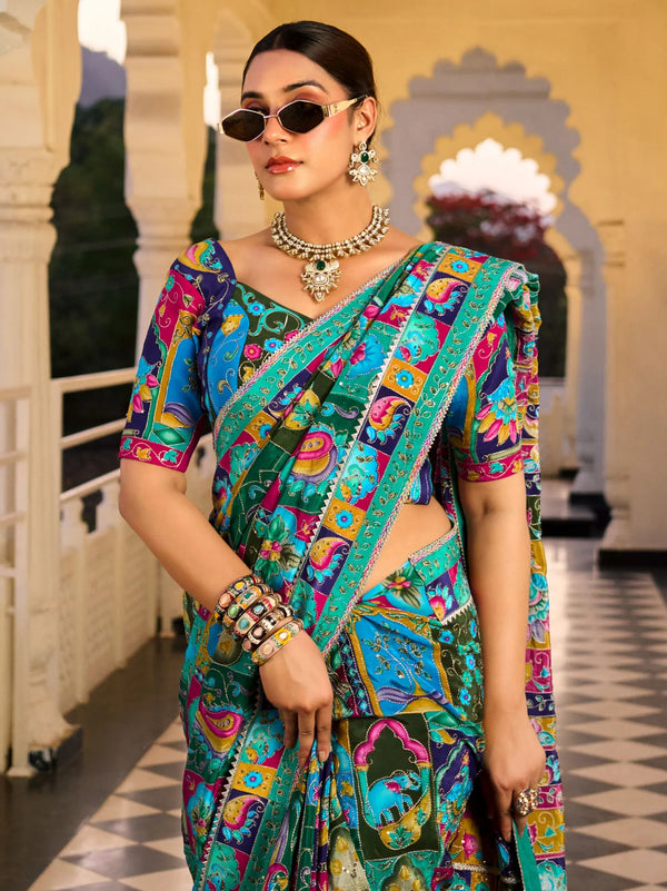 Multicolor Premium HO Designer Saree paired with a heavy readymade blouse for wedding & festive wear | BharatPlaza