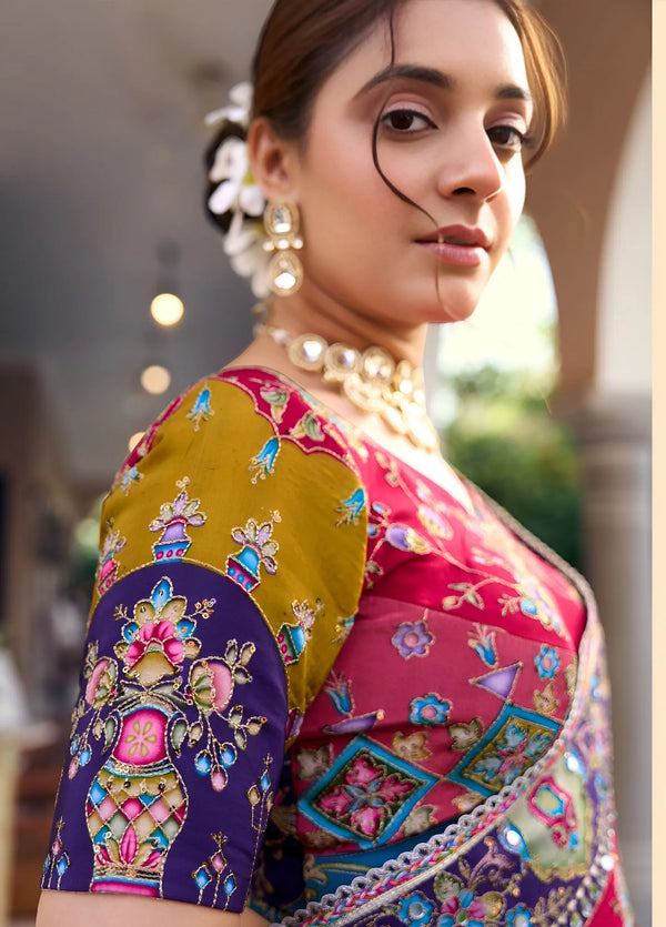 Multicolor Navy Premium HO Designer Saree paired with heavy readymade blouse for wedding & festive wear | BharatPlaza