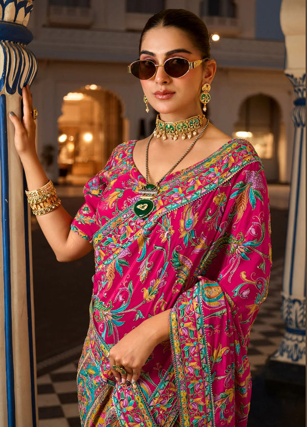 Pink Multicolor Premium HO Designer Saree with readymade heavy work blouse for wedding & festive wear | BharatPlaza