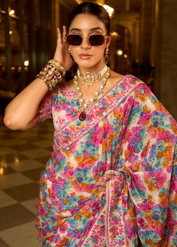 Floral Multicolor Premium HO Designer Saree highlighting elegant sequin work for wedding & festive wear | BharatPlaza