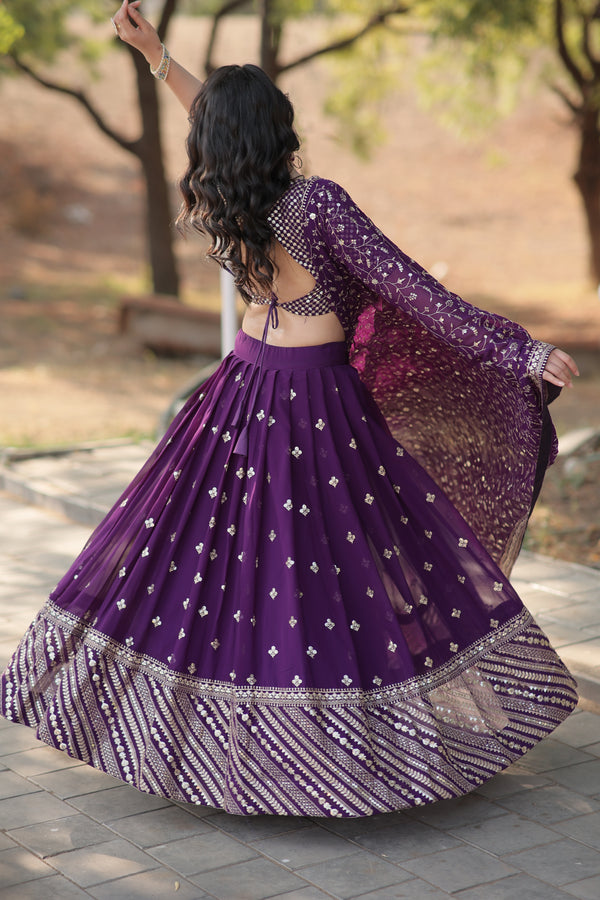 Purple Georgette Embellished Foil Printed Tiered Lehenga Choli Set