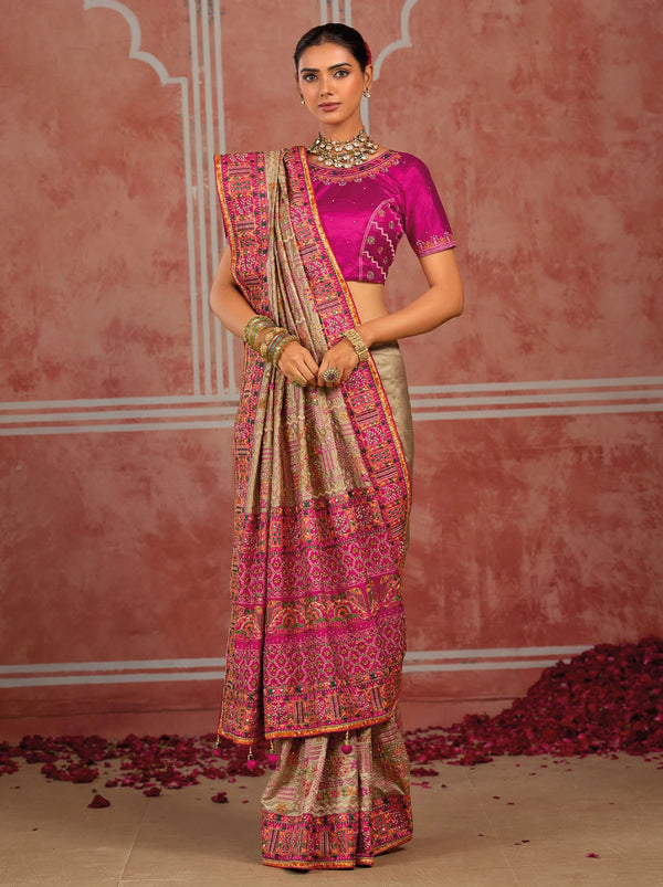 Chiku Pink Shana Silk Designer Saree highlighting pure Kutchi mirror work for wedding & festive wear | BharatPlaza