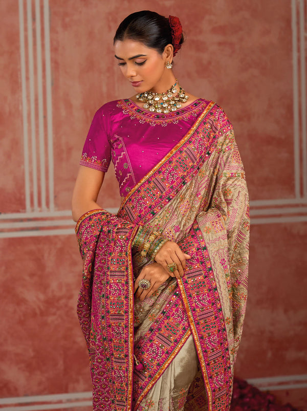 Chiku Pink Shana Silk Designer Saree featuring a vibrant pink heavy blouse for wedding & festive wear | BharatPlaza