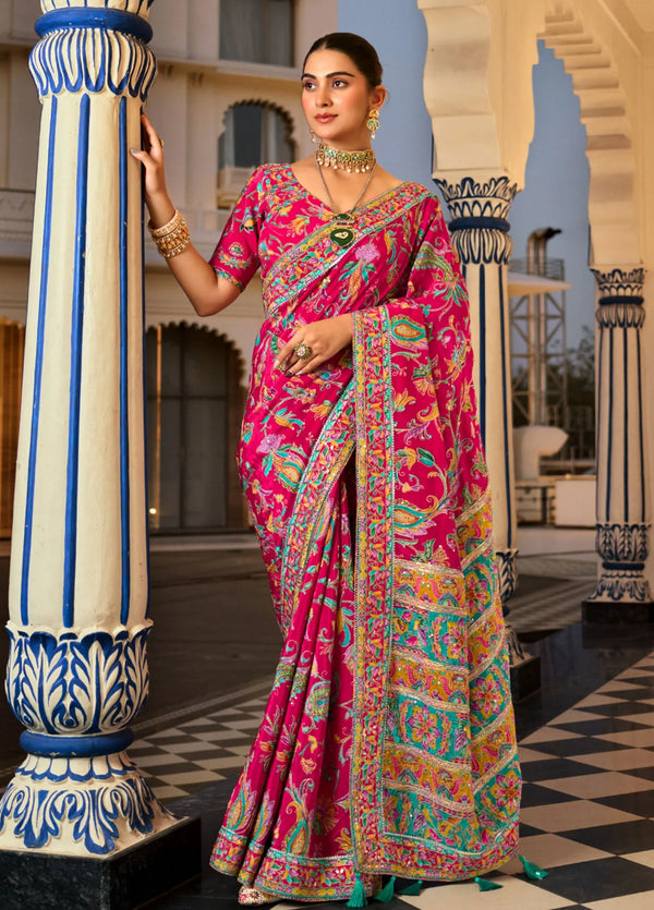 Pink Multicolor Premium HO Designer Saree featuring rich intricate borders for wedding & festive wear | BharatPlaza