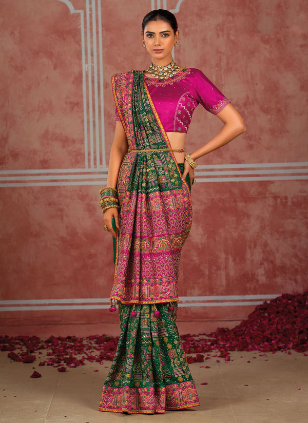 Emerald Green Shana Silk Designer Saree showcasing stunning diamond embellishments for festive wedding wear | BharatPlaza