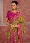 Parrot Pink Pure Shana Silk Designer Saree showcasing authentic Kutchi work for weddings & festive wear | BharatPlaza