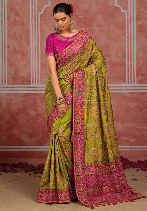 Parrot Pink Pure Shana Silk Designer Saree highlighting heavy mirror work details for wedding & festive wear | BharatPlaza