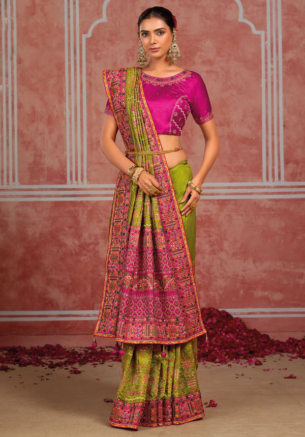 Parrot Pink Pure Shana Silk Designer Saree featuring intricate resham border work for wedding & festive wear | BharatPlaza