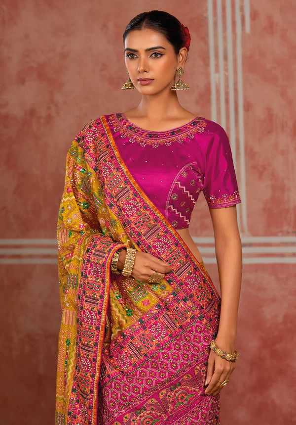 Mustard Pink Pure Shana Silk Designer Saree featuring elegant resham work for wedding & festive wear | BharatPlaza