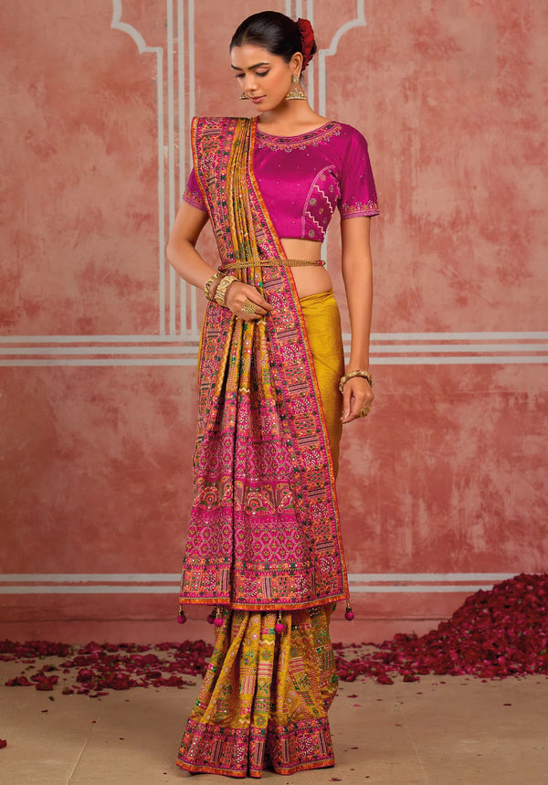 Mustard Pink Pure Shana Silk Designer Saree highlighting authentic Kutchi work for wedding & festive wear | BharatPlaza