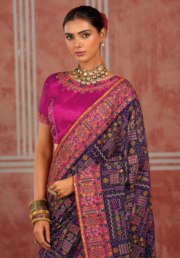 Purple Pink Pure Shana Silk Designer Saree showcasing authentic resham details for wedding & festive wear | BharatPlaza