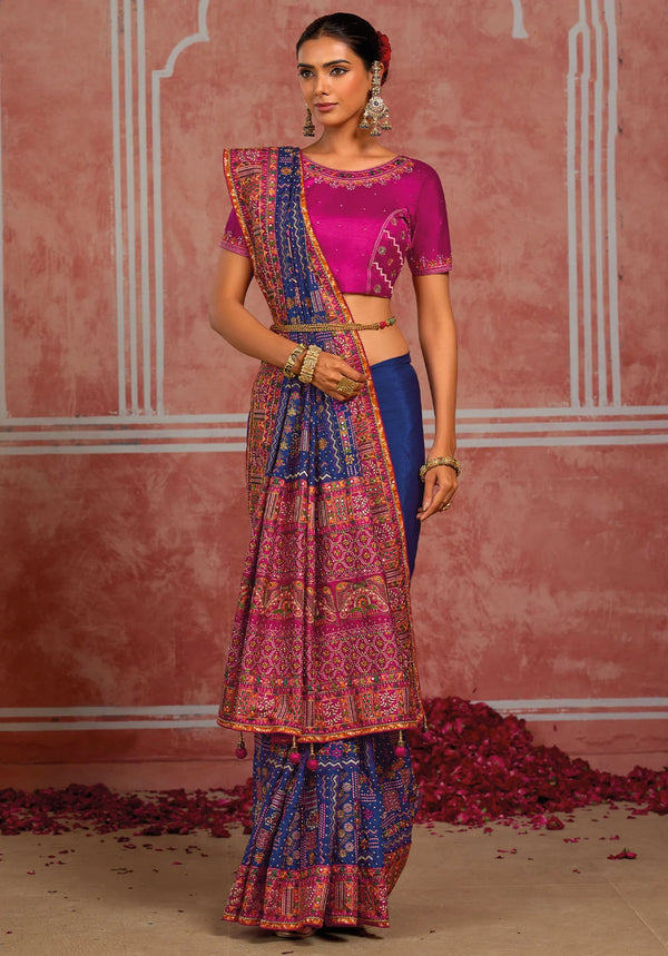 Royal Blue Shana Silk Designer Saree showcasing authentic pure Kutchi work for wedding & festive wear 