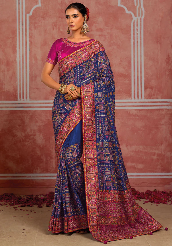 Royal Blue Shana Silk Designer Saree featuring vibrant rani pink blouse for wedding & festive wear | BharatPlaza