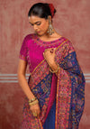 Royal Blue Shana Silk Designer Saree displaying intricate resham embroidery for wedding & festive wear | BharatPlaza