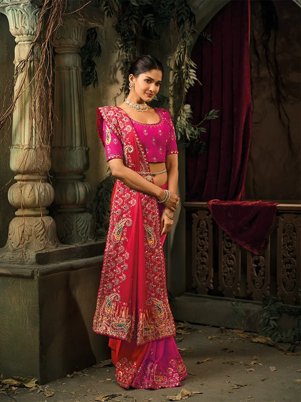 Luxury Rani Pink Silk Saree with Paisley Emerald Border Live Original Frankfurt
