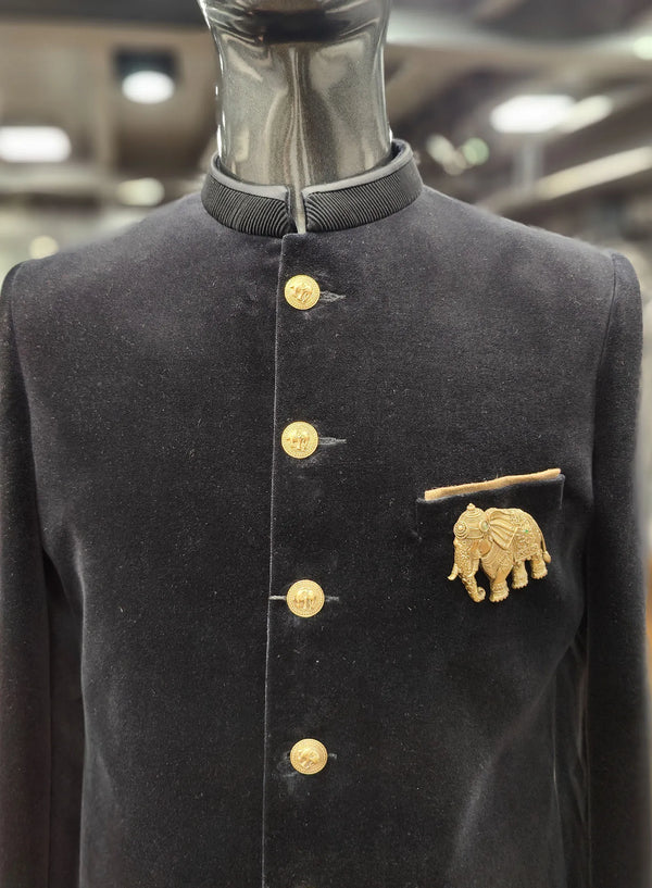 Royal Heritage Black Indo Western with Embroidered Elephant Motif for Luxury Weddings in Texas | BharatPlaza