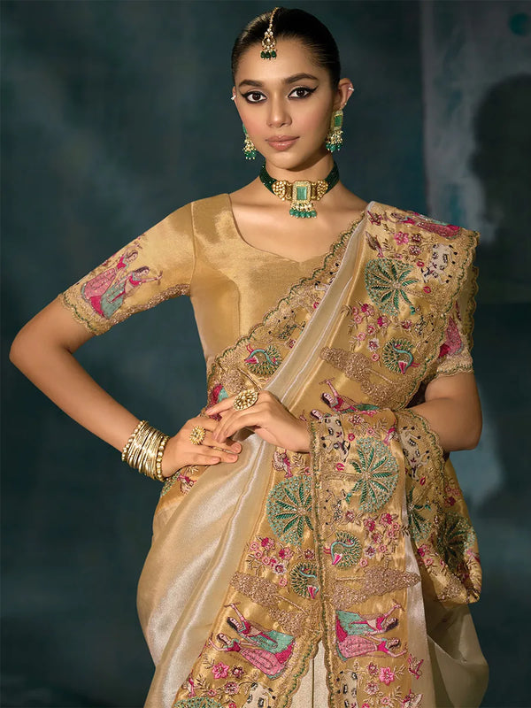 Cream Ziraf Silk Saree with Folk Embroidery Wedding Guest Couture Dublin