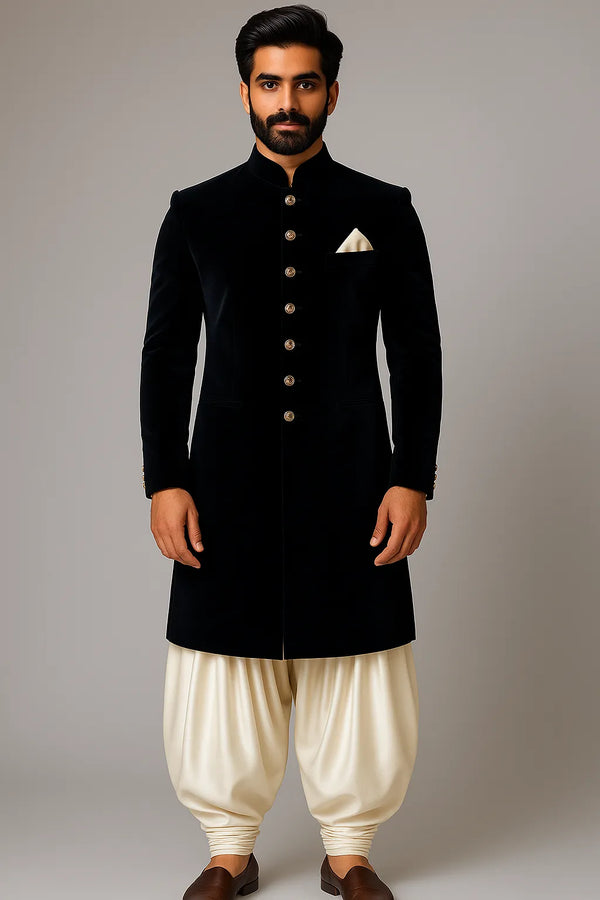Black Velvet Indo Western Coat with Cream Patiala Baggy – Royal