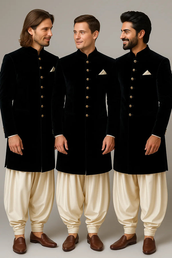 Black Velvet Indo Western with Cream Patiala Baggy worn by three models – luxury wedding fashion