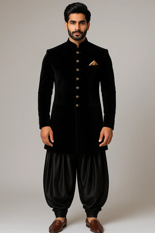 Black Velvet Indo Western with Black Patiala Baggy Pant – Groomsmen