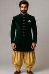 Emerald Green Velvet Indo-Western Sherwani – Wedding Wear - Bharat Plaza