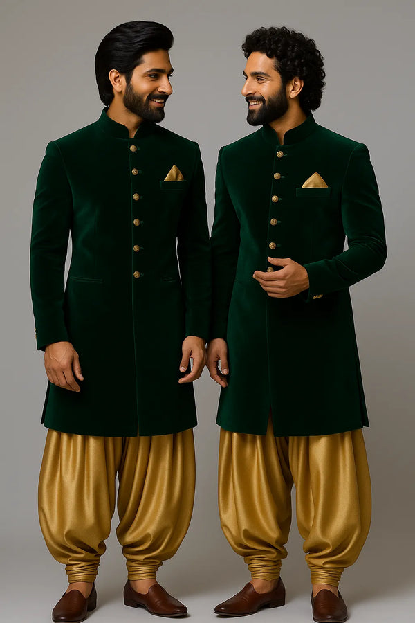 Emerald Green Velvet Indo-Western Sherwani – Wedding Wear - Bharat Plaza