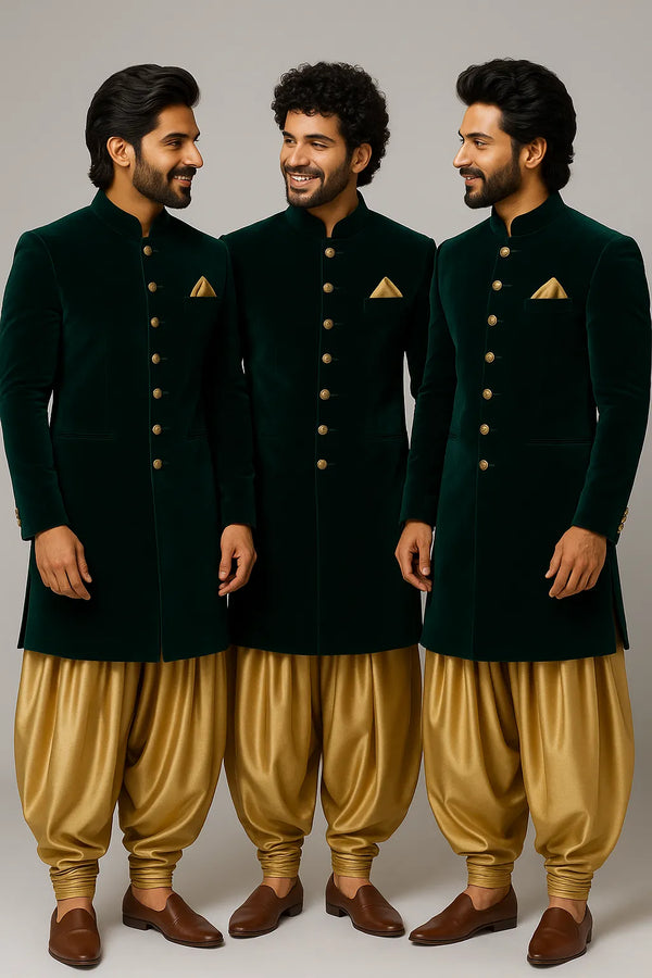 Emerald Green Velvet Indo-Western Sherwani – Wedding Wear - Bharat Plaza