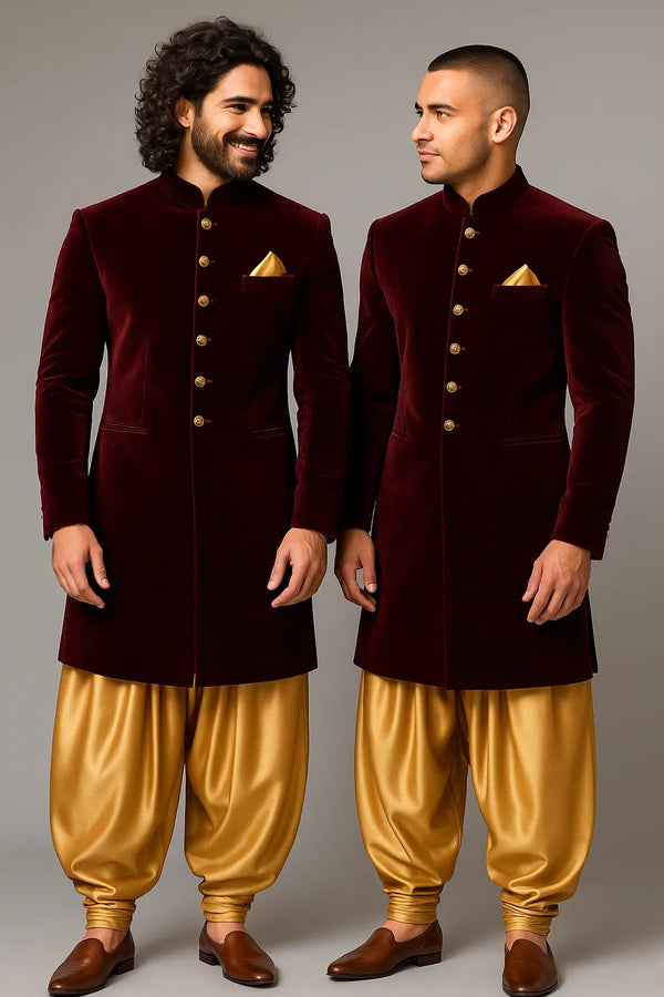 Friends Theme Based Maroon Velvet IndoWestern with Gold Patiala - Bharat Plaza