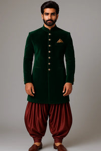Elegant the Emerald Green Velvet Indowestern - Designer Mens Wear - Bharat Plaza