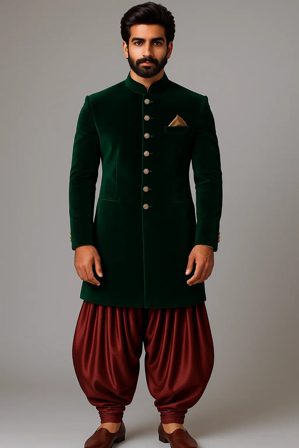 Elegant the Emerald Green Velvet Indowestern - Designer Mens Wear - Bharat Plaza